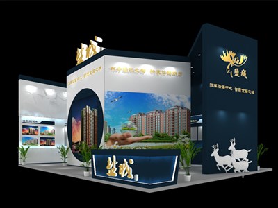 18平米展臺設(shè)計制作：二面開口/現(xiàn)代/木質(zhì)結(jié)構(gòu)/藍(lán)色，為房產(chǎn)展展商而作（免費使用）