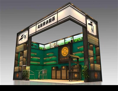 18平米展臺(tái)設(shè)計(jì)制作：二面開(kāi)口/田園/木質(zhì)結(jié)構(gòu)/綠色，為茶博會(huì)展商而作（免費(fèi)使用）