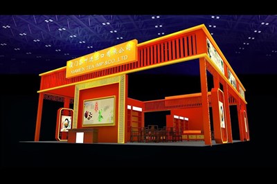 180平米展臺設(shè)計制作：四面開口/中式/木質(zhì)結(jié)構(gòu)/紅色，為茶博會展商而作（免費使用）