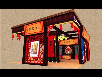 99平米展臺設計制作：三面開口/中式/木質結構/紅色，為食品展展商而作（免費使用）
