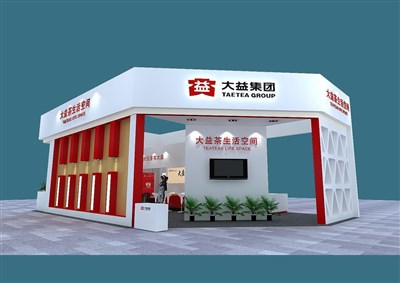 135平米展臺設計制作：三面開口/現(xiàn)代/木質(zhì)結構/紅色，為茶博會展商而作（免費使用）