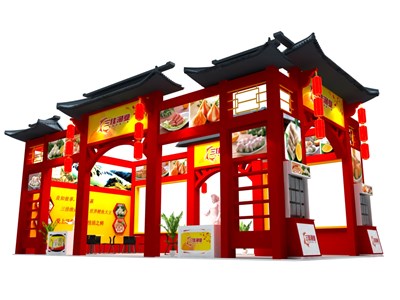72平米展臺設(shè)計制作：二面開口/中式/木質(zhì)結(jié)構(gòu)/紅色，為漁博會展商而作（免費使用）