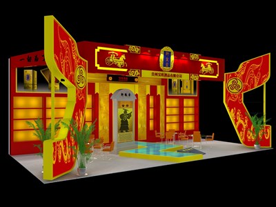 72平米展臺設(shè)計制作：三面開口/中式/木質(zhì)結(jié)構(gòu)/紅色，為糖酒展展商而作（免費使用）