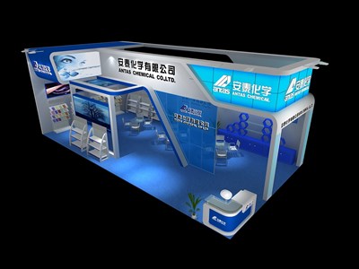 72平米展臺設(shè)計(jì)制作：二面開口/現(xiàn)代/木質(zhì)結(jié)構(gòu)/藍(lán)色，為化工展展商而作（免費(fèi)使用）