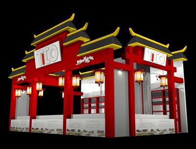 54平米展臺設計制作：二面開口/中式/木質結構/紅色，為糖酒展展商而作（免費使用）