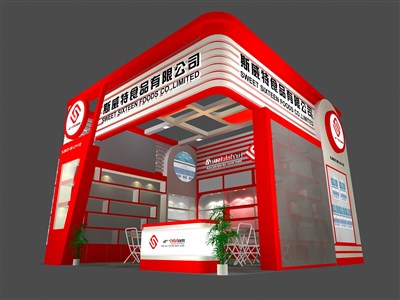 36平米展臺設計制作：一面開口/現(xiàn)代/木質(zhì)結(jié)構(gòu)/紅色，為食品展展商而作（免費使用）