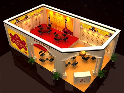 39.8平米展臺設(shè)計制作：三面開口/歐式/木質(zhì)結(jié)構(gòu)/米色，為糖酒展展商而作（免費使用）