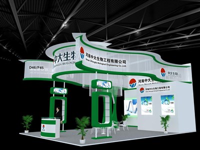 54平米展臺設計制作：三面開口/現(xiàn)代/型材結構/綠色，為醫(yī)藥展展商而作（免費使用）