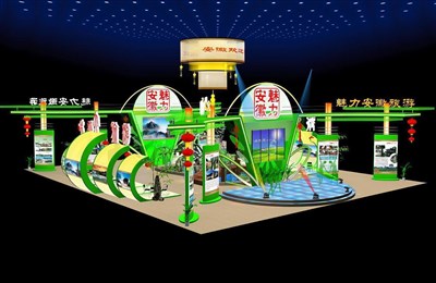 720平米展臺設(shè)計(jì)制作：四面開口/前衛(wèi)/型材結(jié)構(gòu)/綠色，為旅游展展商而作（免費(fèi)使用）