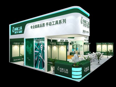 135平米展臺(tái)設(shè)計(jì)制作：三面開(kāi)口/現(xiàn)代/木質(zhì)結(jié)構(gòu)/綠色，為工具展展商而作（免費(fèi)使用）