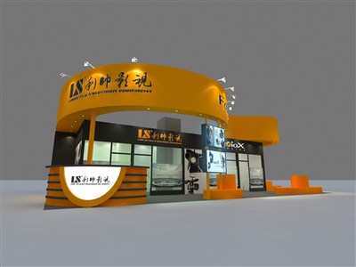 78平米展臺設(shè)計制作：三面開口/現(xiàn)代/木質(zhì)結(jié)構(gòu)/黃色，為廣播媒體展展商而作（免費使用）