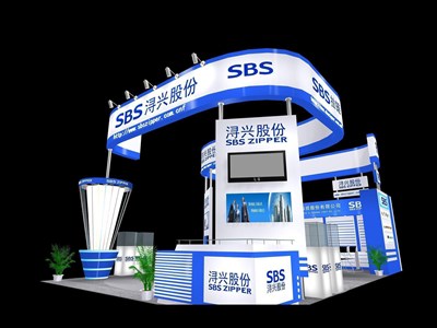 54平米展臺(tái)設(shè)計(jì)制作：三面開口/現(xiàn)代/木質(zhì)結(jié)構(gòu)/藍(lán)色，為服裝展展商而作（免費(fèi)使用）