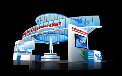 72平米展臺(tái)設(shè)計(jì)制作：二面開口/現(xiàn)代/型材結(jié)構(gòu)/藍(lán)色，為安防展展商而作（免費(fèi)使用）