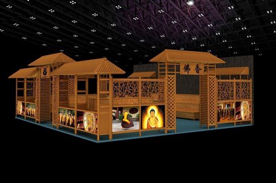67.5平米展臺設計制作：四面開口/中式/木質(zhì)結(jié)構(gòu)/咖啡色，為旅游展展商而作（免費使用）