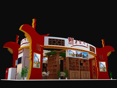 72平米展臺(tái)設(shè)計(jì)制作：四面開(kāi)口/中式/木質(zhì)結(jié)構(gòu)/紅色，為旅游展展商而作（免費(fèi)使用）