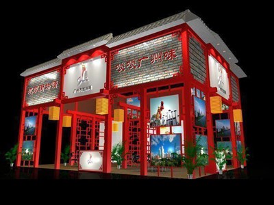 108平米展臺(tái)設(shè)計(jì)制作：三面開(kāi)口/中式/木質(zhì)結(jié)構(gòu)/紅色，為旅游展展商而作（免費(fèi)使用）