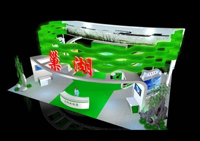 176平米展臺設計制作：四面開口/現代/型材結構/綠色，為旅游展展商而作（免費使用）
