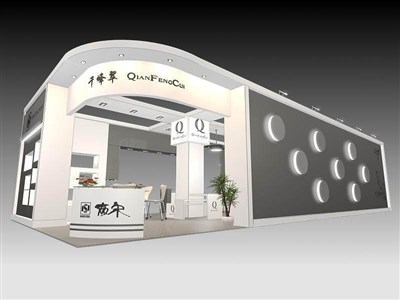 90平米展臺(tái)設(shè)計(jì)制作：二面開(kāi)口/現(xiàn)代/木質(zhì)結(jié)構(gòu)/灰色，為工藝品展展商而作（免費(fèi)使用）