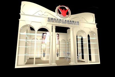 36平米展臺設(shè)計制作：二面開口/歐式/木質(zhì)結(jié)構(gòu)/米色，為工藝品展展商而作（免費使用）