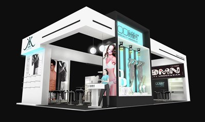 72平米展臺(tái)設(shè)計(jì)制作：三面開口/現(xiàn)代/木質(zhì)結(jié)構(gòu)/白色，為服裝展展商而作（免費(fèi)使用）
