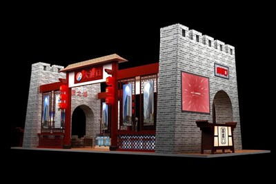 90平米展臺(tái)設(shè)計(jì)制作：四面開(kāi)口/中式/木質(zhì)結(jié)構(gòu)/灰色，為旅游展展商而作（免費(fèi)使用）