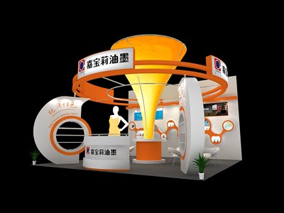 36平米展臺設(shè)計(jì)制作：三面開口/現(xiàn)代/木質(zhì)結(jié)構(gòu)/橙色，為廣告展展商而作（免費(fèi)使用）
