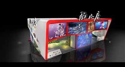150平米展臺設計制作：一面開口/現(xiàn)代/木質(zhì)結(jié)構(gòu)/紅色，為游戲展展商而作（免費使用）