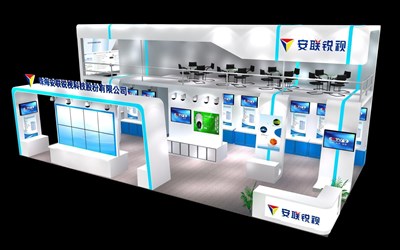 72平米展臺設(shè)計制作：三面開口/現(xiàn)代/雙層結(jié)構(gòu)/藍(lán)色，為安防展展商而作（免費使用）