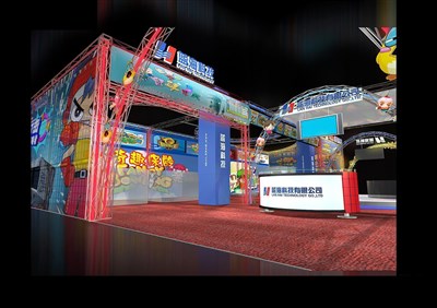 289平米展臺設計制作：三面開口/現(xiàn)代/木質結構/藍色，為游戲展展商而作（免費使用）
