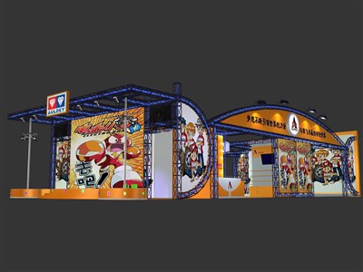 189平米展臺設(shè)計(jì)制作：三面開口/現(xiàn)代/桁架結(jié)構(gòu)/橙色，為游戲展展商而作（免費(fèi)使用）