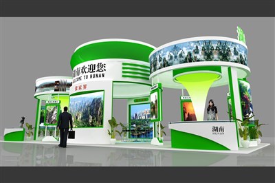 90平米展臺設(shè)計制作：四面開口/現(xiàn)代/木質(zhì)結(jié)構(gòu)/綠色，為旅游展展商而作（免費(fèi)使用）