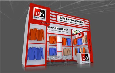 18平米展臺設計制作：一面開口/現(xiàn)代/木質結構/紅色，為服裝展展商而作（免費使用）