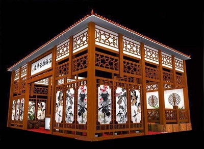 75平米展臺(tái)設(shè)計(jì)制作：三面開口/中式/木質(zhì)結(jié)構(gòu)/咖啡色，為工藝品展展商而作（免費(fèi)使用）
