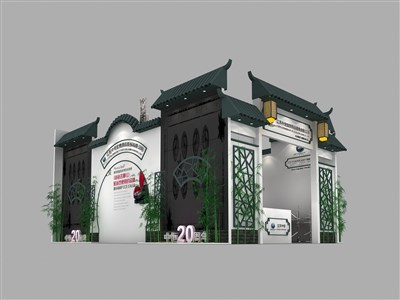 54平米展臺(tái)設(shè)計(jì)制作：一面開口/中式/木質(zhì)結(jié)構(gòu)/灰色，為寵物水族展展商而作（免費(fèi)使用）