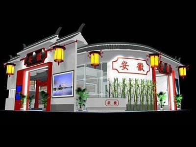 144平米展臺設計制作：四面開口/中式/木質結構/白色，為旅游展展商而作（免費使用）