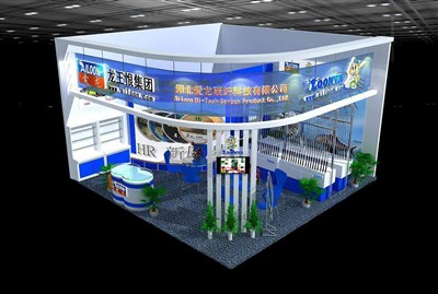 49平米展臺設(shè)計制作：二面開口/現(xiàn)代/木質(zhì)結(jié)構(gòu)/藍(lán)色，為釣具展展商而作（免費(fèi)使用）