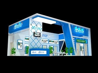 96平米展臺設計制作：三面開口/現(xiàn)代/木質(zhì)結構/藍色，為建材展展商而作（免費使用）