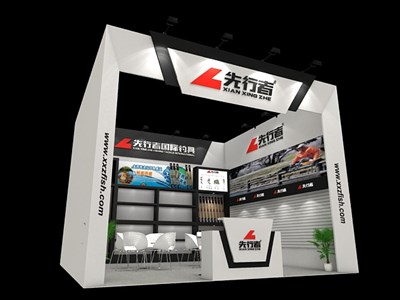 36平米展臺(tái)設(shè)計(jì)制作：一面開口/現(xiàn)代/木質(zhì)結(jié)構(gòu)/白色，為釣具展展商而作（免費(fèi)使用）