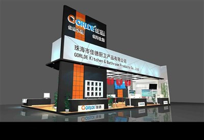 120平米展臺設(shè)計制作：三面開口/現(xiàn)代/木質(zhì)結(jié)構(gòu)/黑色，為衛(wèi)浴展展商而作（免費使用）