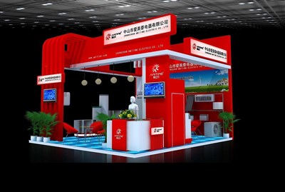 42平米展臺(tái)設(shè)計(jì)制作：三面開口/現(xiàn)代/木質(zhì)結(jié)構(gòu)/紅色，為家電展展商而作（免費(fèi)使用）