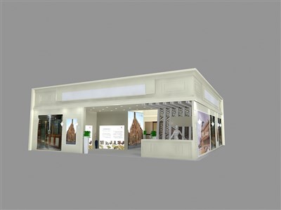 144平米展臺設(shè)計制作：二面開口/歐式/木質(zhì)結(jié)構(gòu)/灰色，為建材展展商而作（免費使用）