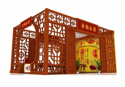 54平米展臺設計制作：三面開口/中式/木質(zhì)結構/紅色，為樂器展展商而作（免費使用）