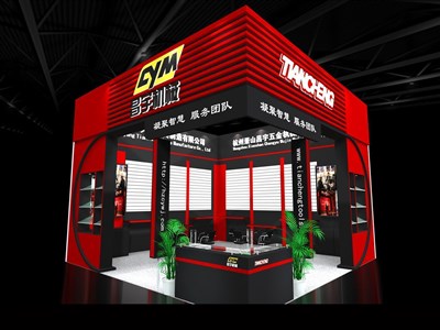 36平米展臺(tái)設(shè)計(jì)制作：二面開口/現(xiàn)代/木質(zhì)結(jié)構(gòu)/紅色，為五金展展商而作（免費(fèi)使用）