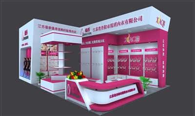 84平米展臺設計制作：二面開口/現(xiàn)代/木質(zhì)結(jié)構/紅色，為內(nèi)衣展展商而作（免費使用）