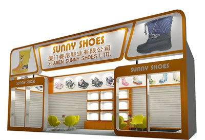 27平米展臺設(shè)計制作：一面開口/現(xiàn)代/木質(zhì)結(jié)構(gòu)/橙色，為鞋箱包展展商而作（免費使用）