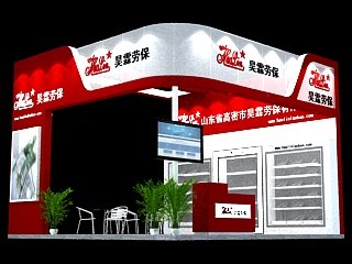 36平米展臺設(shè)計制作：三面開口/現(xiàn)代/木質(zhì)結(jié)構(gòu)/紅色，為鞋箱包展展商而作（免費使用）