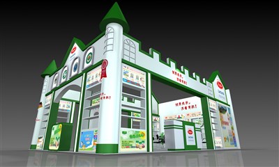 54平米展臺(tái)設(shè)計(jì)制作：三面開口/歐式/木質(zhì)結(jié)構(gòu)/綠色，為玩具展展商而作（免費(fèi)使用）
