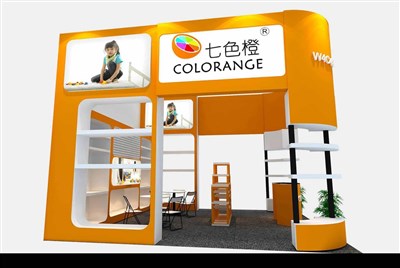 36平米展臺設(shè)計制作：三面開口/現(xiàn)代/木質(zhì)結(jié)構(gòu)/橙色，為玩具展展商而作（免費(fèi)使用）