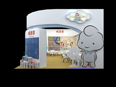 54平米展臺設(shè)計(jì)制作：二面開口/卡通/木質(zhì)結(jié)構(gòu)/紫色，為嬰幼展展商而作（免費(fèi)使用）
