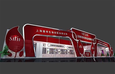 96平米展臺(tái)設(shè)計(jì)制作：一面開口/現(xiàn)代/木質(zhì)結(jié)構(gòu)/紅色，為美博會(huì)展商而作（免費(fèi)使用）